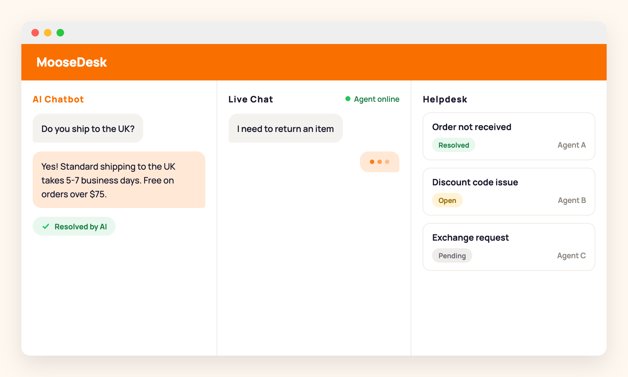 MooseDesk Shopify app showing AI chatbot, live chat, and helpdesk in one dashboard with customer conversations active