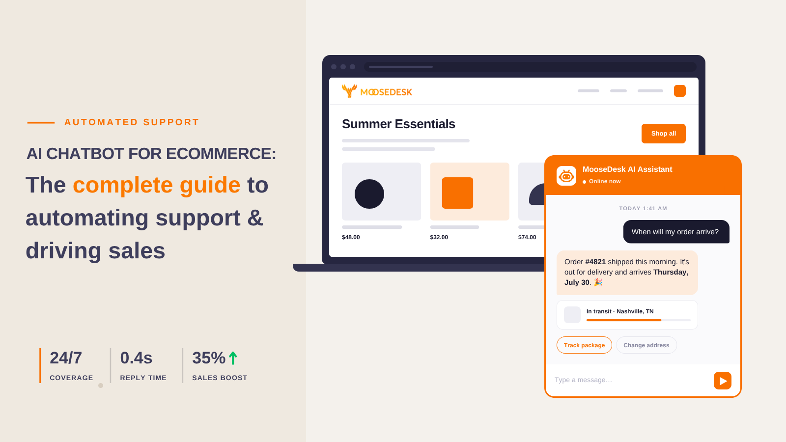 AI chatbot for ecommerce shown as a chat widget on a Shopify store