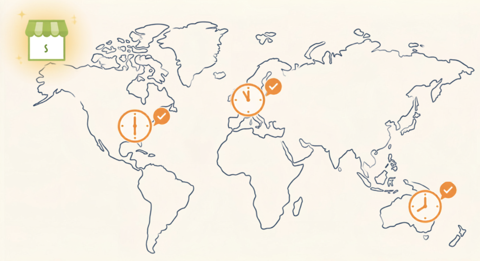 World map showing a Shopify store receiving sales enquiries from multiple time zones simultaneously, each with a completed chatbot conversation