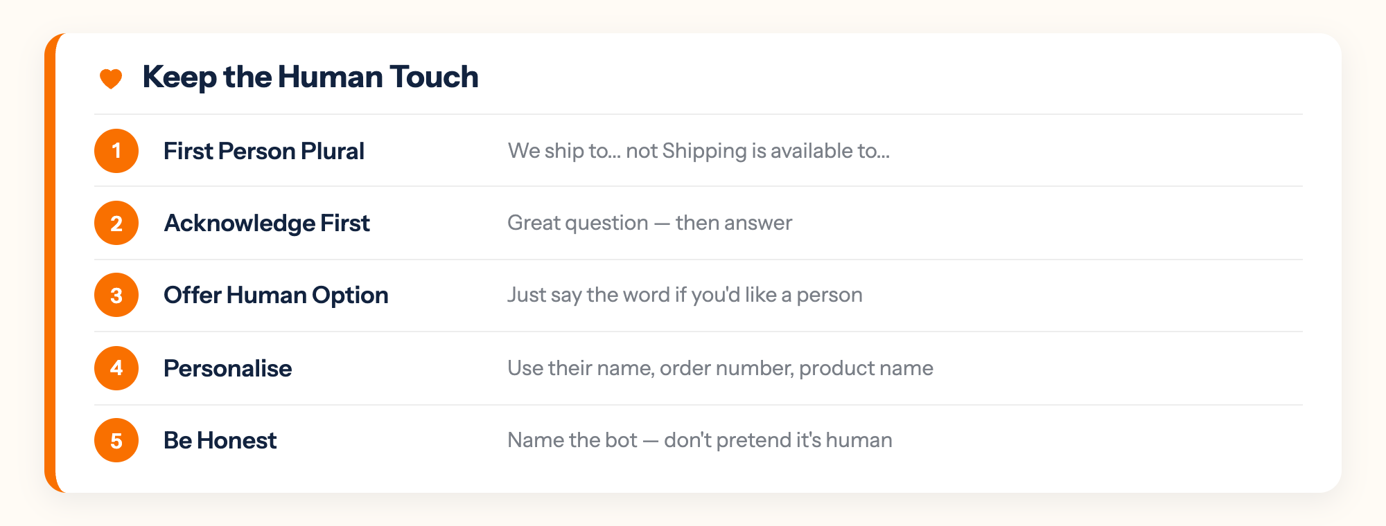 Five human touch tactics for automated customer support: first person plural, acknowledge before answering, offer human option, personalise with data, be honest about the bot